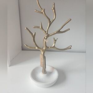 Gold Metal Tree Of Life Jewelry Stand With White Marble Base 12 In